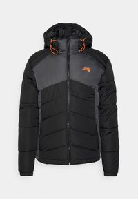 Black and gray puffer jacket with a zip front, elastic cuffs, and an adjustable hood with orange drawstrings. Features chevron stitching.