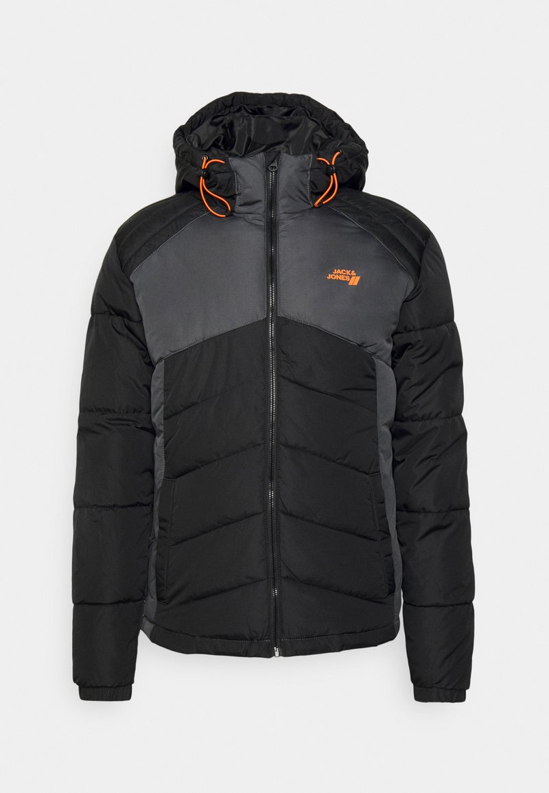 Black and gray puffer jacket with a zip front, elastic cuffs, and an adjustable hood with orange drawstrings. Features chevron stitching.