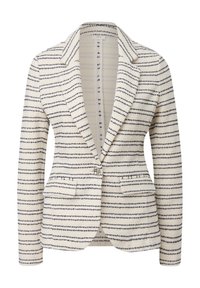 Biała dopasowana marynarka w cienkie poziome czarne paski, z klapami w kształcie nacięcia, kieszeniami z klapkami i pojedynczym zapięciem na guzik w talii.