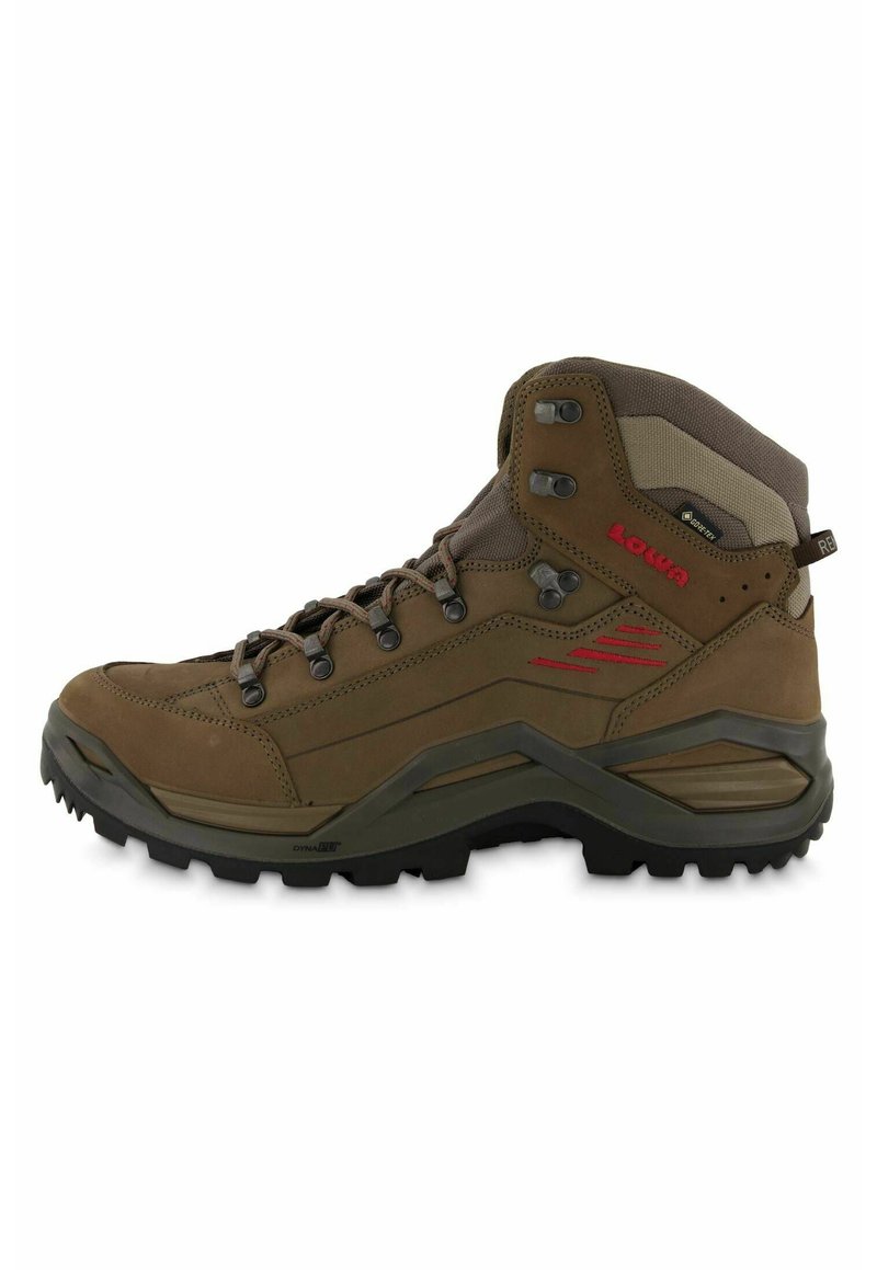 Brauner Wanderstiefel aus Leder und Mesh, ausgestattet mit Metallösen, einem gepolsterten Kragen, einer strukturierten Außensohle und roten Akzenten.