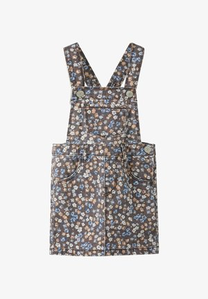 Salopette in denim per bambini con stampa floreale blu, bianca e marrone, tasca frontale sul pettorale e spalline regolabili con bottoni.