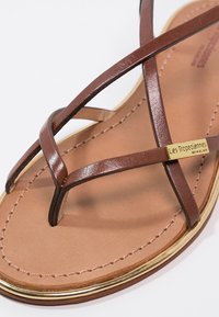 Sandal in pelle marrone con cinghie incrociate, soletta imbottita color tan e una placca dorata con branding, caratterizzata da una superficie testurizzata.