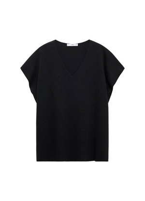 Schwarzes V-Ausschnitt-T-Shirt mit kurzen, breiten Ärmeln, aus einem weichen, strukturierten Material hergestellt. Lässiger, lockerer Schnitt, ohne sichtbare Muster oder Verzierungen.