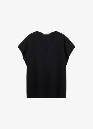 Schwarzes V-Ausschnitt-T-Shirt mit kurzen, breiten Ärmeln, aus einem weichen, strukturierten Material hergestellt. Lässiger, lockerer Schnitt, ohne sichtbare Muster oder Verzierungen.