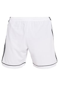 Pantalones cortos deportivos blancos con rayas laterales negras, cintura elástica y tela ligera y suave. Diseñados para la comodidad y la libertad de movimiento.