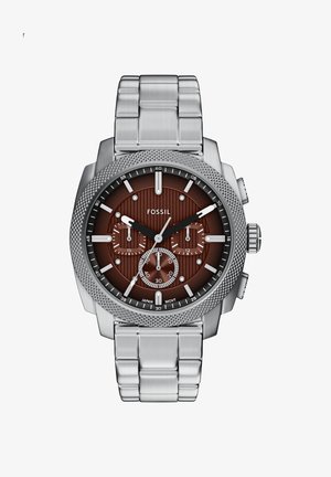 Sølv Fossil armbåndsur med metalrem, brun urskive, tre under-skiver til kronograf og tekstureret bezel med minutmarkeringer.