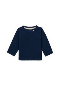 Marineblaues Langarmshirt aus strukturiertem Stoff, mit Rundhalsausschnitt und einem Knopfdetail an der Schulter. Einfaches, minimalistisches Design.