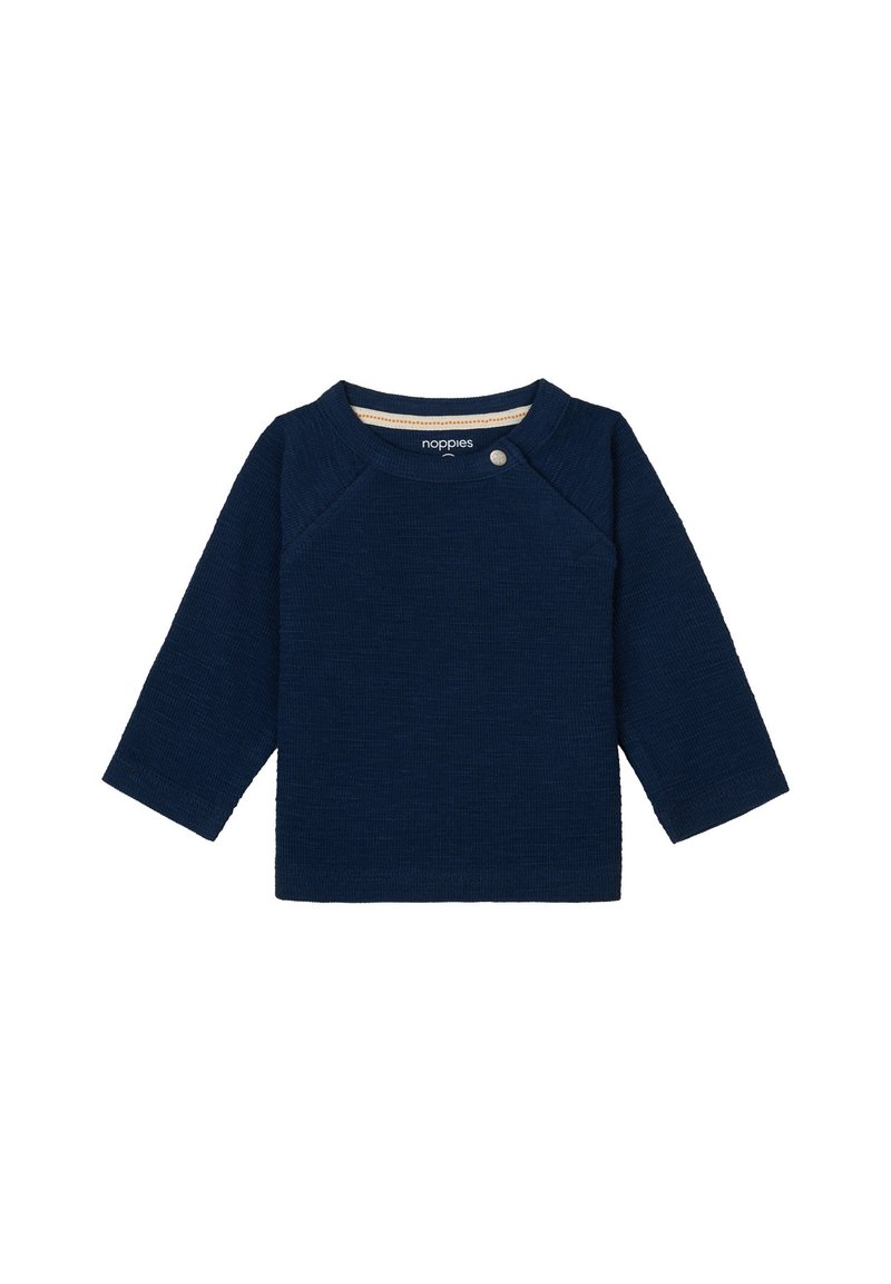 Marineblaues Langarmshirt aus strukturiertem Stoff, mit Rundhalsausschnitt und einem Knopfdetail an der Schulter. Einfaches, minimalistisches Design.