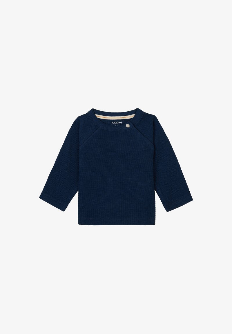Marineblaues Langarmshirt aus strukturiertem Stoff, mit Rundhalsausschnitt und einem Knopfdetail an der Schulter. Einfaches, minimalistisches Design.