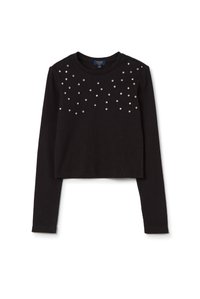 Schwarzes, langärmliges, gekürztes Sweatshirt mit silbernen dekorativen Nieten, die auf der Vorderseite verteilt sind. Weicher Stoff mit Rundhalsauschnitt.