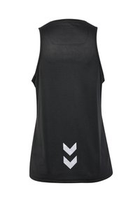 Black sleeveless athletic tank top with a textured fabric, featuring three white chevron stripes at the lower back for added detail.