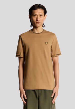 Brown short-sleeve t-shirt made of cotton, featuring a crew neck and a small yellow logo on the chest. Smooth texture, simple design.