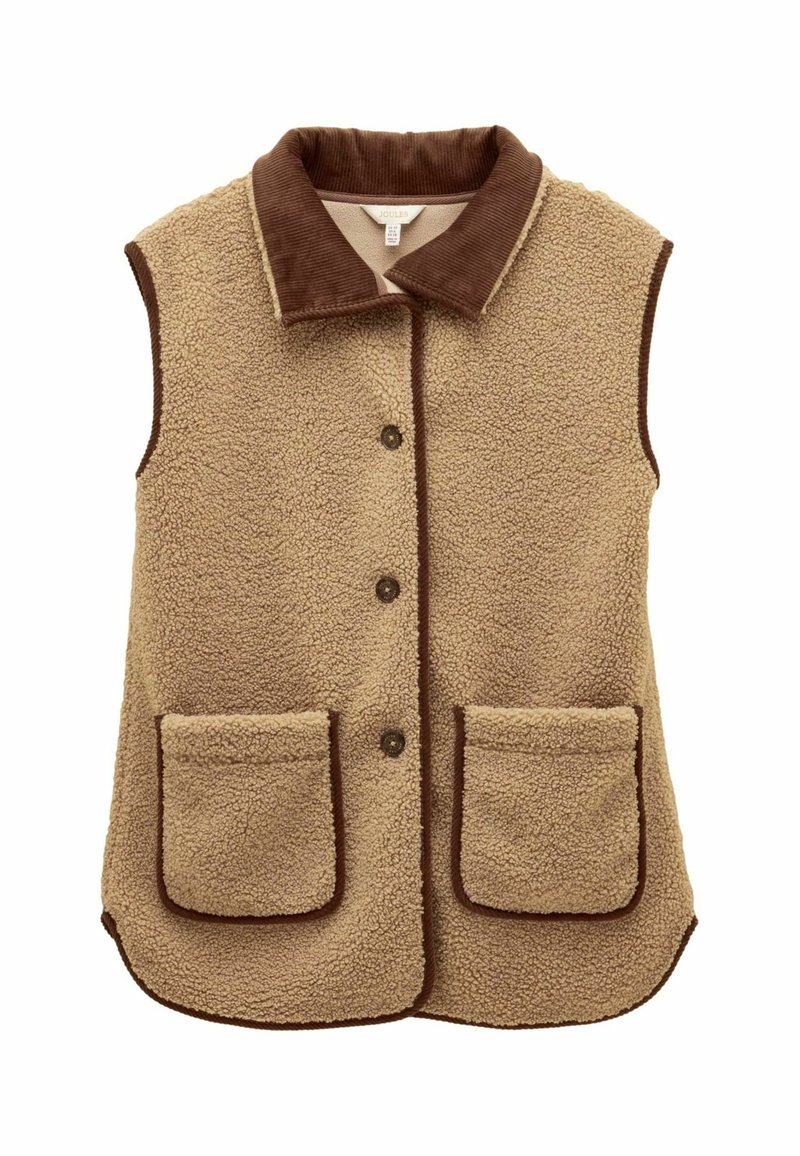 Beige Fleece-Weste mit braunem Cordkragen und -besatz. Verfügt über Knopfverschluss und zwei Vordertaschen. Weiche Textur mit gemütlichem Aussehen.