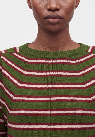 Gros plan d’une personne portant un pull en maille vert avec des rayures horizontales rouges et blanches, montrant le bas du visage et le cou.