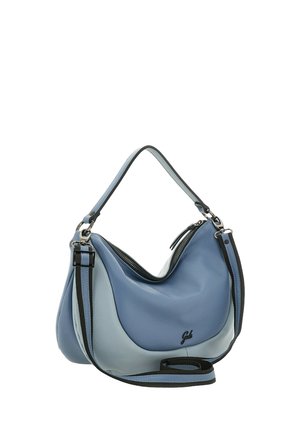 Borsa a tracolla in pelle morbida in due tonalità di blu con tracolla regolabile e chiusura superiore con zip, marchiata "Gabs" sul davanti.