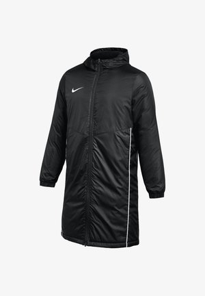 Langer schwarzer, gepolsterter Nike-Kapuzenmantel mit Frontreißverschluss, elastischen Bündchen und weißen Paspelierungen an den Seiten.