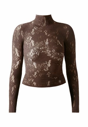 Braunes Langarm-Top aus Spitze mit hohem Kragen und floralen Mustern in figurbetontem Design. Weiche Textur und leichter Stoff.