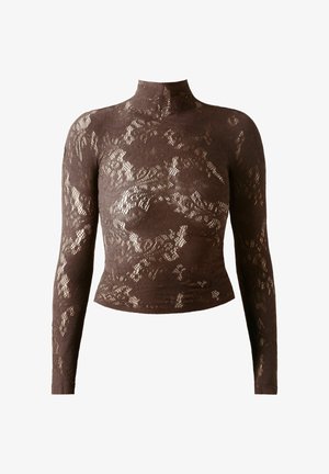 Braunes Langarm-Top aus Spitze mit hohem Kragen und floralen Mustern in figurbetontem Design. Weiche Textur und leichter Stoff.