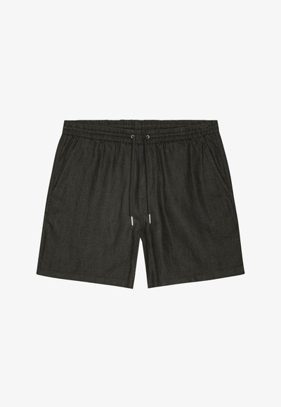 Shorts décontractés gris foncé avec taille élastique, cordon de serrage et poches latérales, posés à plat sur un fond blanc.