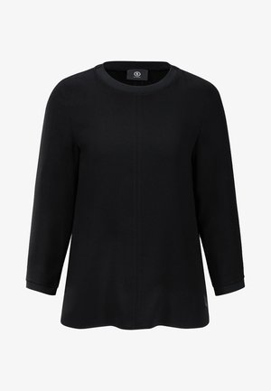 Svart långärmad topp med rund halsringning, detaljerad söm fram och ribbade ärmslut, tillverkad av mjukt, stretchigt material.