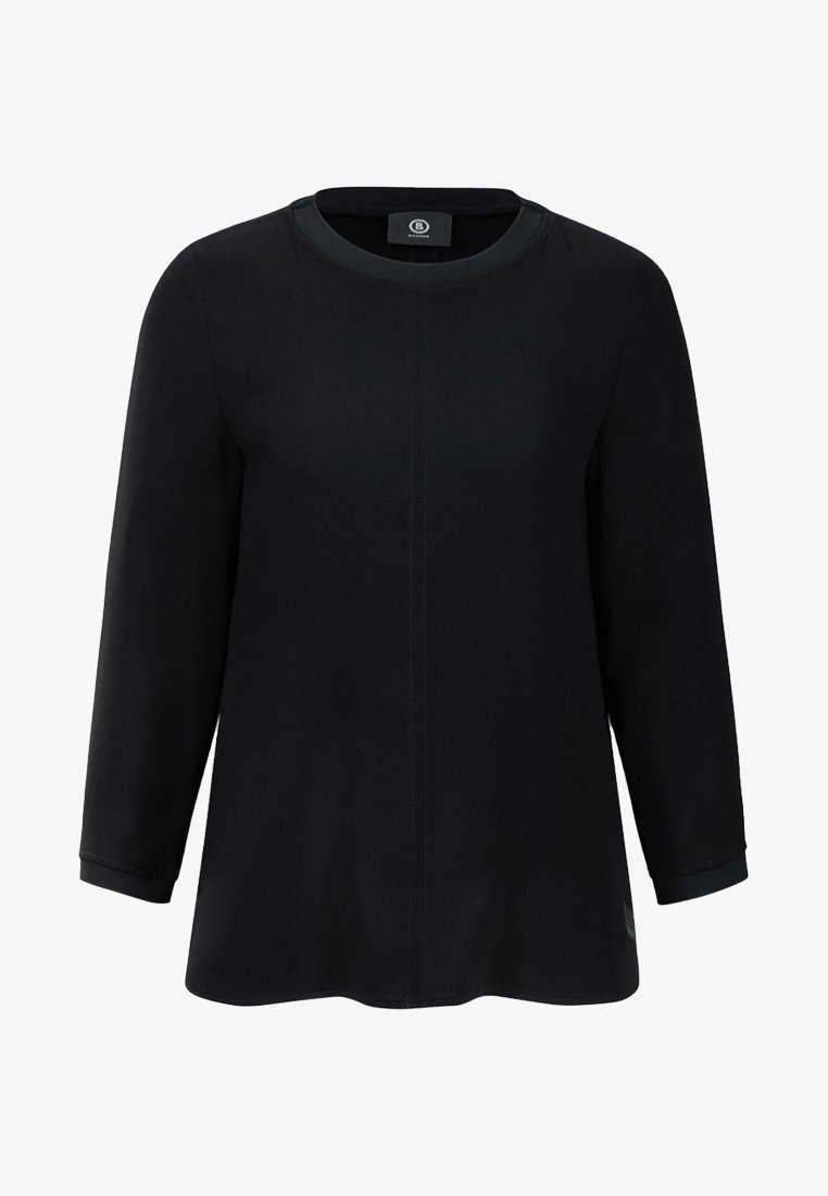 Schwarzes Langarmshirt mit Rundhalsausschnitt, vorderer Nahtdetails und gerippten Bündchen, aus weichem, dehnbarem Stoff.