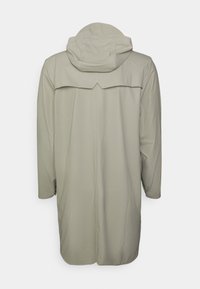 Long, lightweight coat in a muted beige color with a hood, featuring a vented back yoke and subtle texture. No visible fastenings.