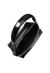 Black leather handbag with a glossy finish, featuring a strap and zipper closure. Interior is spacious with organizational pockets.