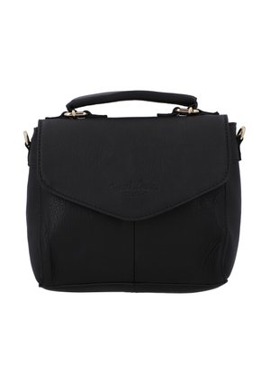 Čierna kožená kabelka s klapkovým uzáverom, hornou rukoväťou a odnímateľným popruhom. Ozdobená zlatými kovovými doplnkami a jemným embosovaným logom.