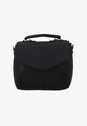 Črna usnjena torbica z zapiranjem na preklop, zgornjo ročico in snemljivo naramnico. Opremljena z zlatim okovjem in subtilno embosiranim logotipom.