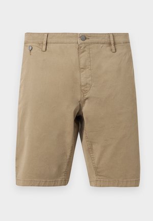 Beige bomullsshorts til knærne med frontknapp og glidelåslukking, beltehemper og to fremre lommer.