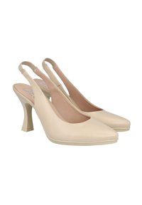 Zapatos de tacón de color beige de material sintético, con un diseño de punta afilada, un tacón cuadrado de 6 cm y una textura suave. Correa ajustable en la parte trasera.