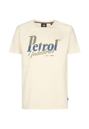Cream cotton t-shirt featuring a large blue and grey "Petrol Industries" graphic with year established 1989, short sleeves, and crew neck.