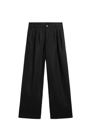 Sorte vidde bukser med knap- og lynlåslukning, bæltestropper og forreste plisseringer, vist på en hvid baggrund.