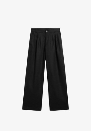 Pantalon noir à jambes larges avec fermeture par bouton et zip, passants de ceinture et plis à l'avant, présenté sur fond blanc.