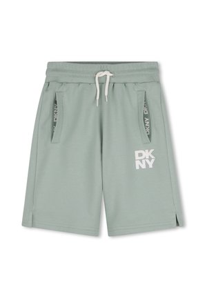 Pantalones cortos casuales de color verde claro con cintura elástica y cordón blanco, bolsillos laterales con estampados del logo DKNY y logo DKNY en la pierna derecha delantera.