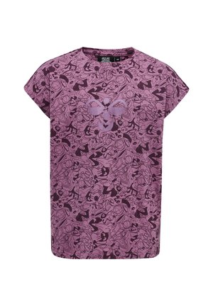 Haut à manches courtes violet avec un motif noir complexe. Encolure ronde avec une coupe décontractée. Détail graphique à l'avant ajoutant de l'intérêt visuel.