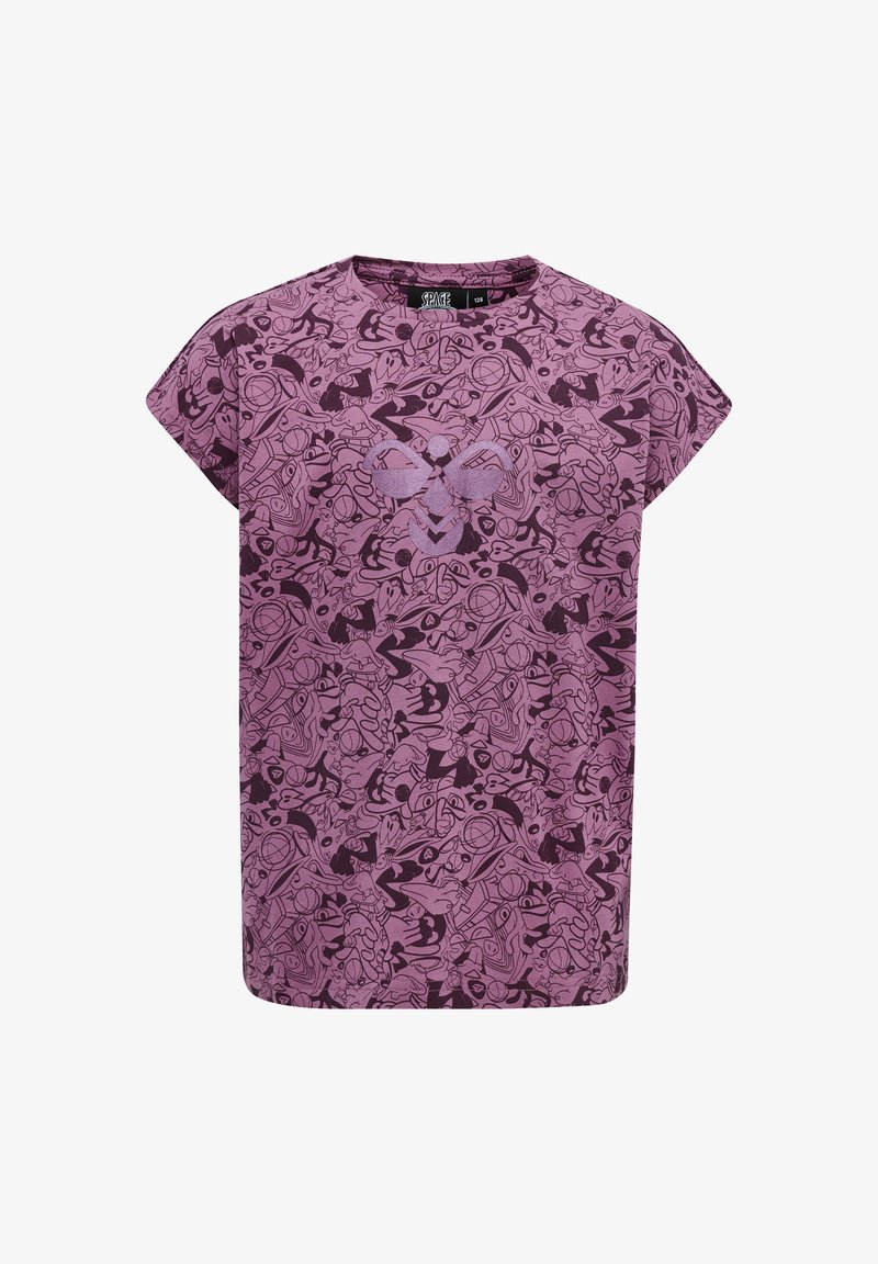 Fioletowa bluzka z krótkim rękawem z misternym czarnym wzorem. Okrągły dekolt w luźnym fasonie. Graficzny detal z przodu dodaje wizualnego zainteresowania.