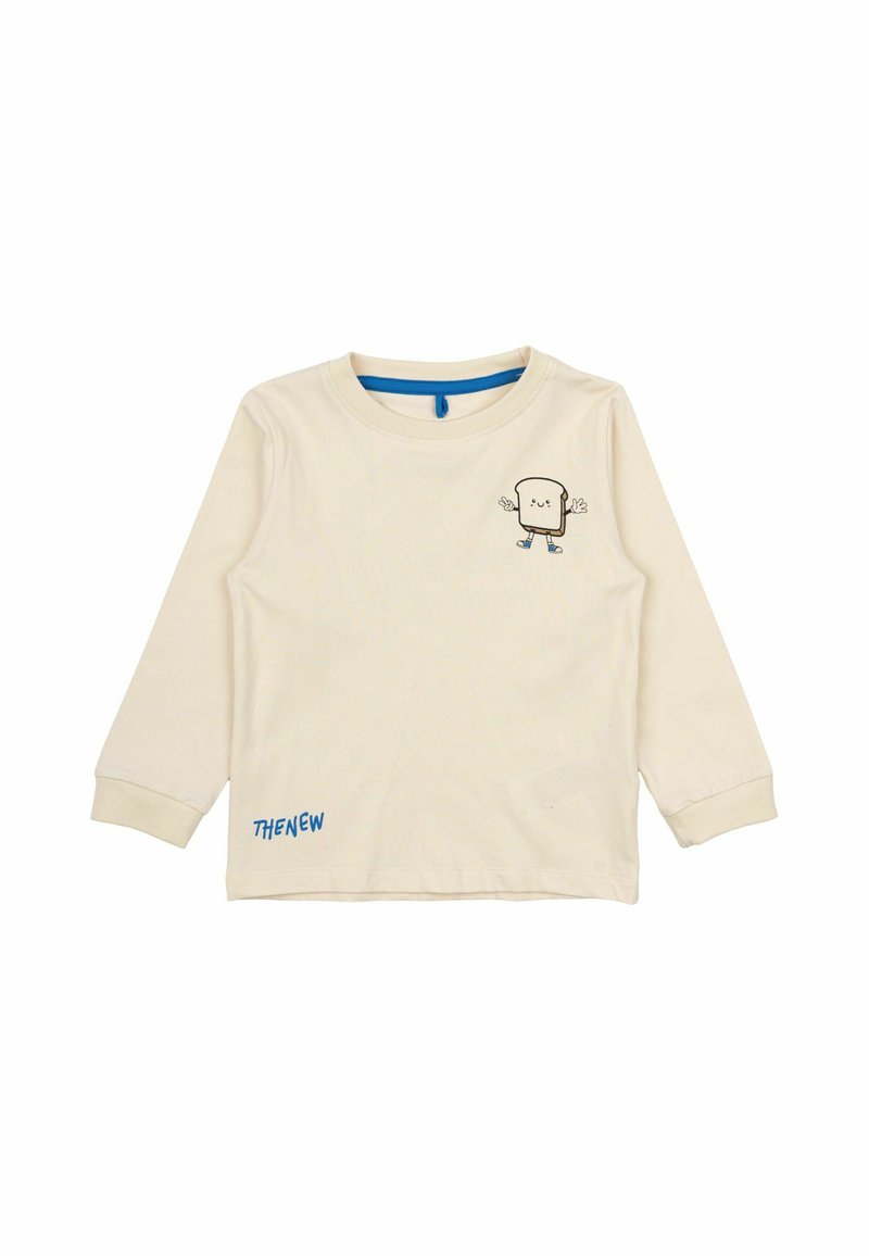 Ilgās piedurknes krēma krāsas kokvilnas T-krekls ar animācijas maizes logo uz krūšu dais un uzrakstu "THENEW" zilā krāsā uz apakšmala. Zils apkakles akcent.