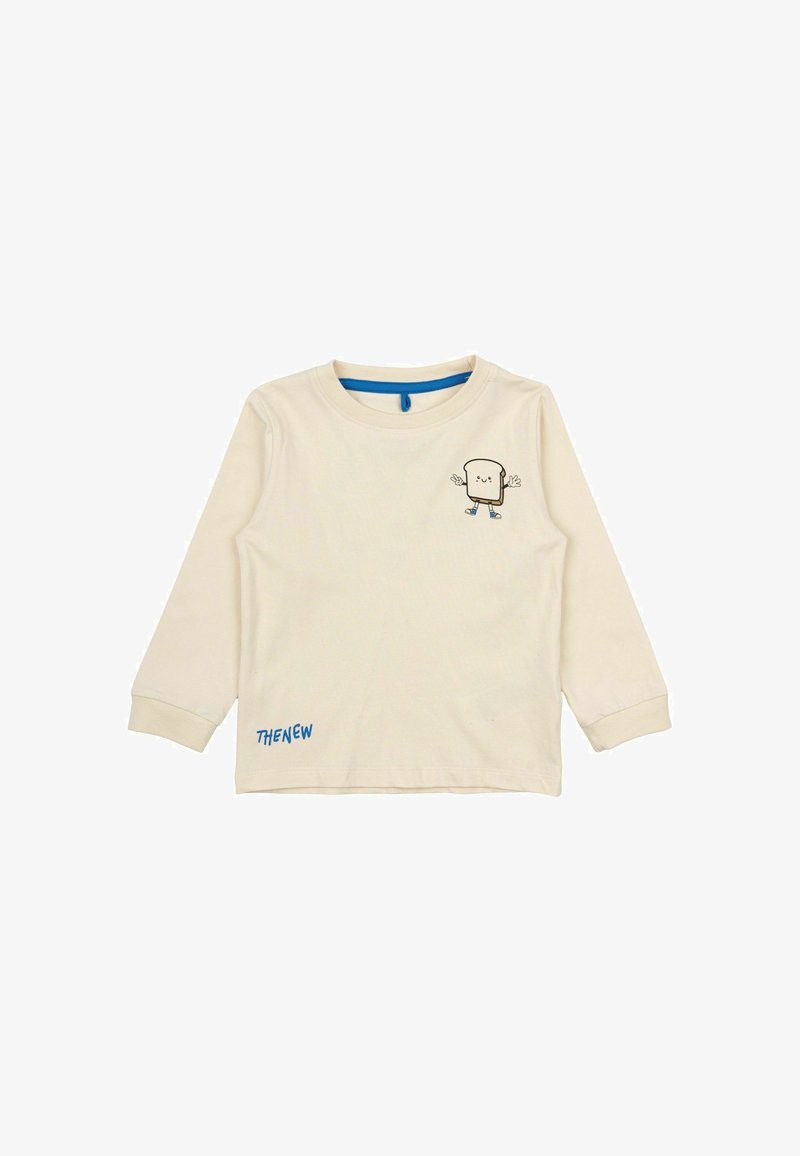 Ilgās piedurknes krēma krāsas kokvilnas T-krekls ar animācijas maizes logo uz krūšu dais un uzrakstu "THENEW" zilā krāsā uz apakšmala. Zils apkakles akcent.