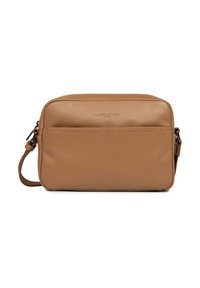 Borsa a tracolla in pelle marrone con finitura liscia, forma rettangolare, tasca anteriore con zip e tracolla regolabile. Caratterizzata da logo in rilievo.