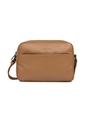 Borsa a tracolla in pelle marrone con finitura liscia, forma rettangolare, tasca anteriore con zip e tracolla regolabile. Caratterizzata da logo in rilievo.