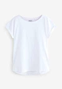 T-shirt blanc décontracté à manches courtes avec un col rond et un ourlet légèrement incurvé, présenté sur un fond blanc uni.