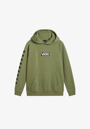 Olivgrön hoodie med framficka, huva och svart Vans-logotyp på bröstet. Svart rutmönster längs vänster ärm.