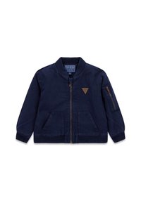 Veste de bombardier marine avec une fermeture éclair à l'avant, deux poches à l'avant et une poche latérale. Comprend des poignets et un col côtelés. Inclut un détail de logo en triangle.