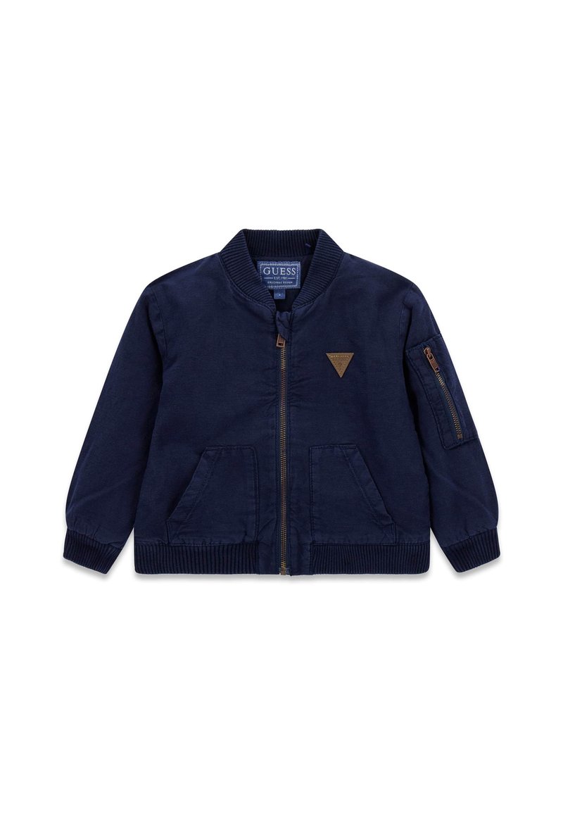 Veste de bombardier marine avec une fermeture éclair à l'avant, deux poches à l'avant et une poche latérale. Comprend des poignets et un col côtelés. Inclut un détail de logo en triangle.