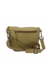 Borsa a tracolla in pelle verde oliva con tasca frontale con cerniera, tracolla regolabile e cuciture a contrasto lungo i bordi.