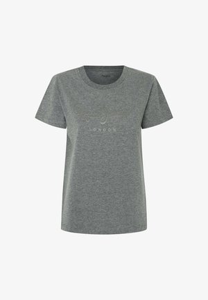 Pelēks kokvilnas T-krekls ar apaļu kaklu un īsām piedurknēm, ar līdzīgu grafisku apdruku, kas lasa "Pepe Jeans LONDON" gaišā krāsā.