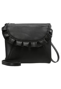 Sac bandoulière en cuir noir avec bordure froncée sur le rabat avant et sangle fine réglable.