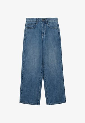 Jeans di denim blu a gamba larga con vita alta, chiusura anteriore con bottoni e zip, e design a cinque tasche.