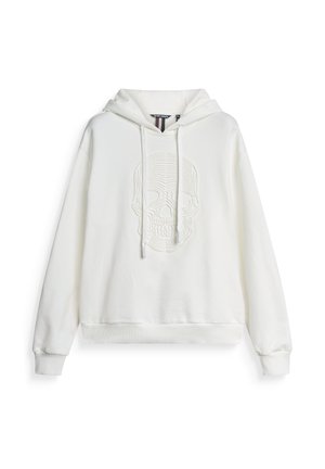 Sudadera blanca con un diseño de calavera texturizado en el frente. Presenta una capucha con cordones y puños y dobladillo acanalados. Fabricada con material suave.